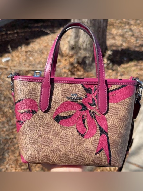 COACH Brown Signature Canvas Satchel with Pink Floral Trim - Picture 2 of 5